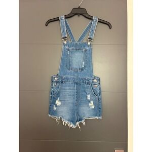 Divided Womens Denim Shortalls Medium Wash Distressed Raw Hem Size 6